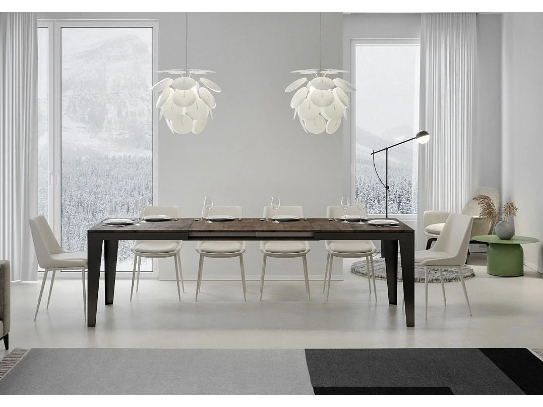 Table rectangulaire extensible 6 à 12 places L 160 à 264cm bois foncé et pieds acier gris foncé Flavien