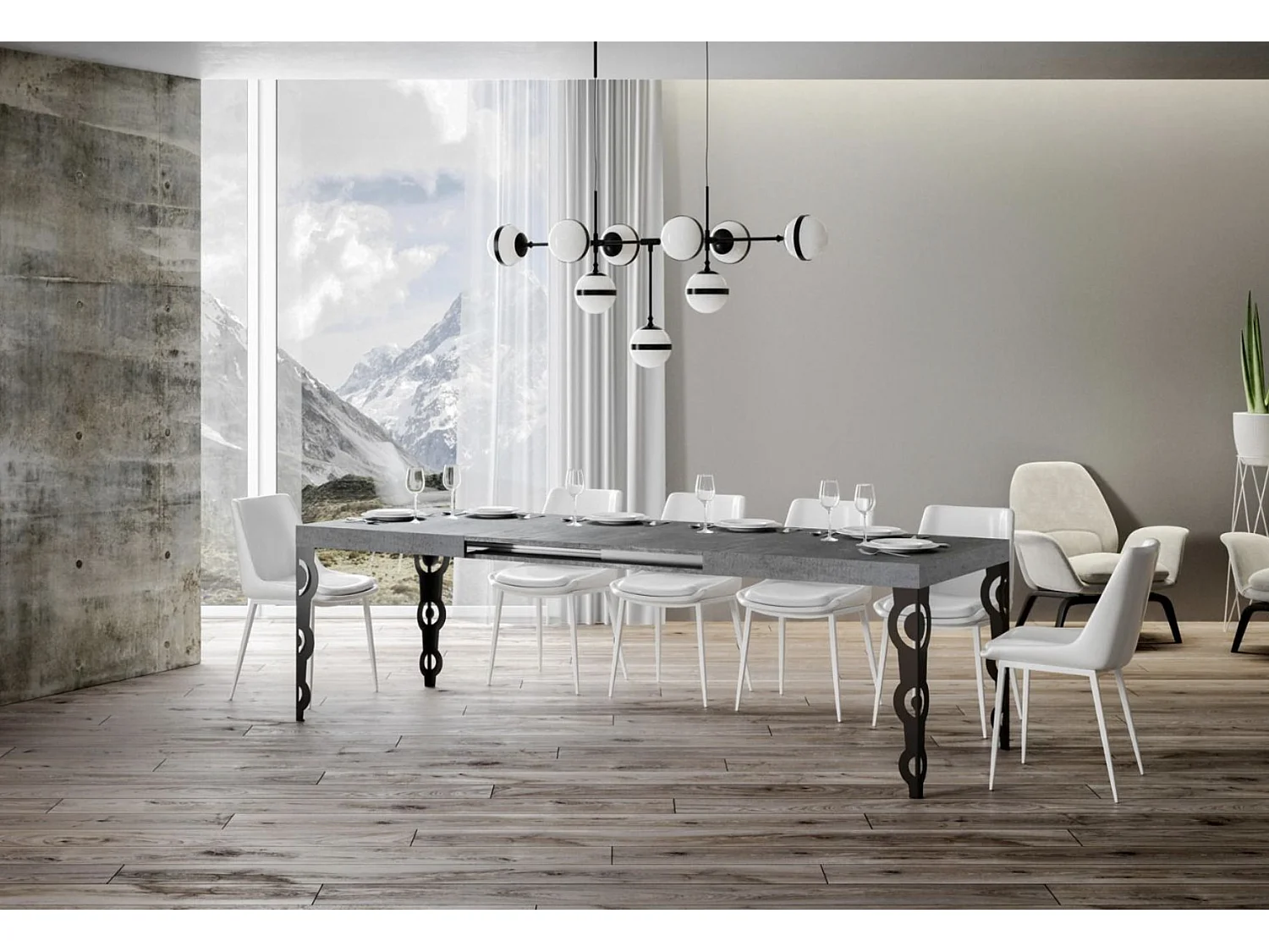 Mesa oriental extensible rectangular para 6 a 20 personas L 180 a 440 cm gris hormigón y patas de metal antracita Kazay