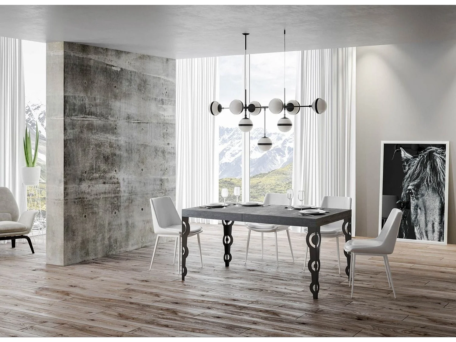 Mesa oriental extensible rectangular para 6 a 20 personas L 180 a 440 cm gris hormigón y patas de metal antracita Kazay