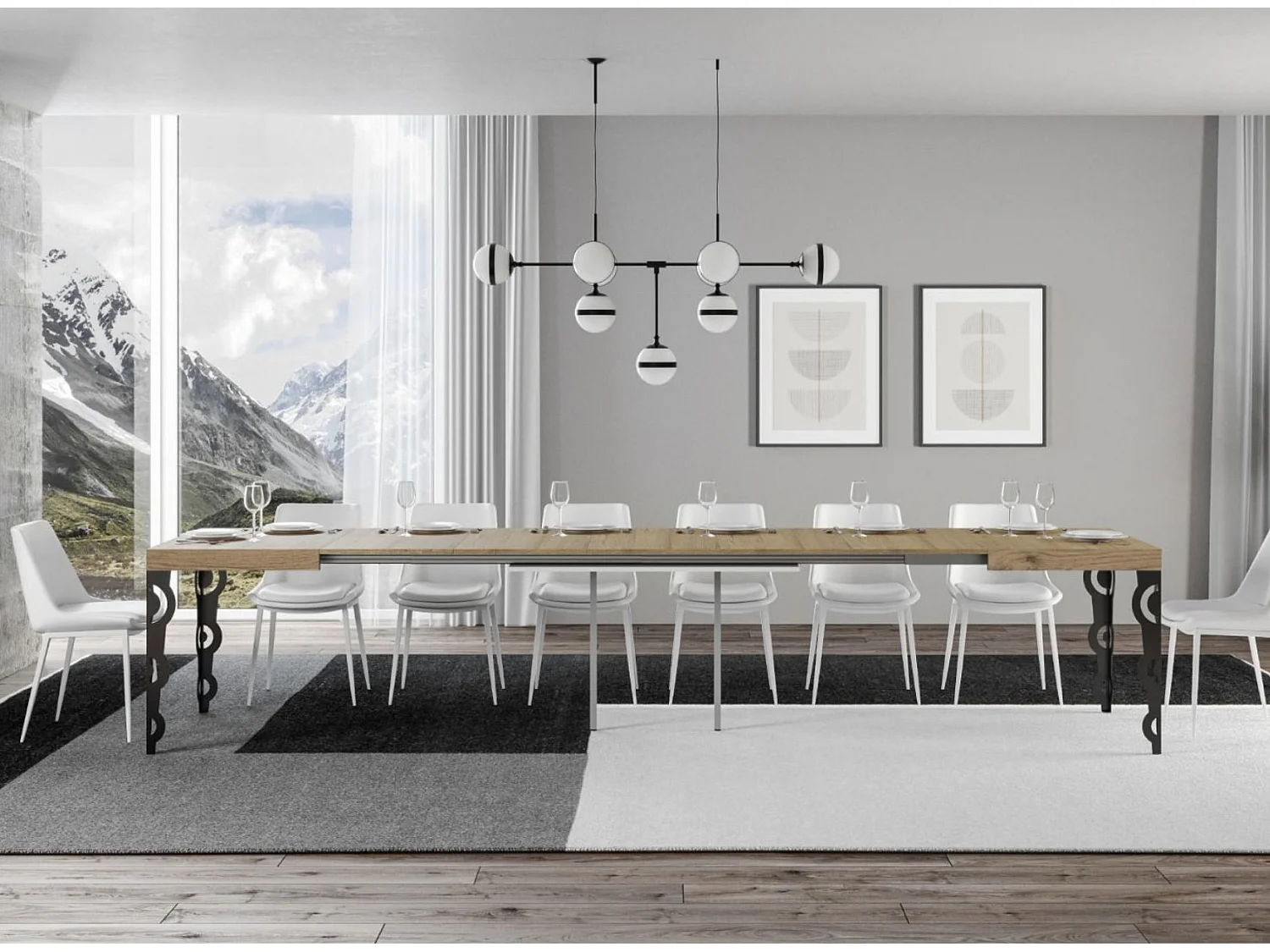 Mesa oriental extensible rectangular para 6 a 20 personas L 180 a 440 cm gris hormigón y patas de metal antracita Kazay