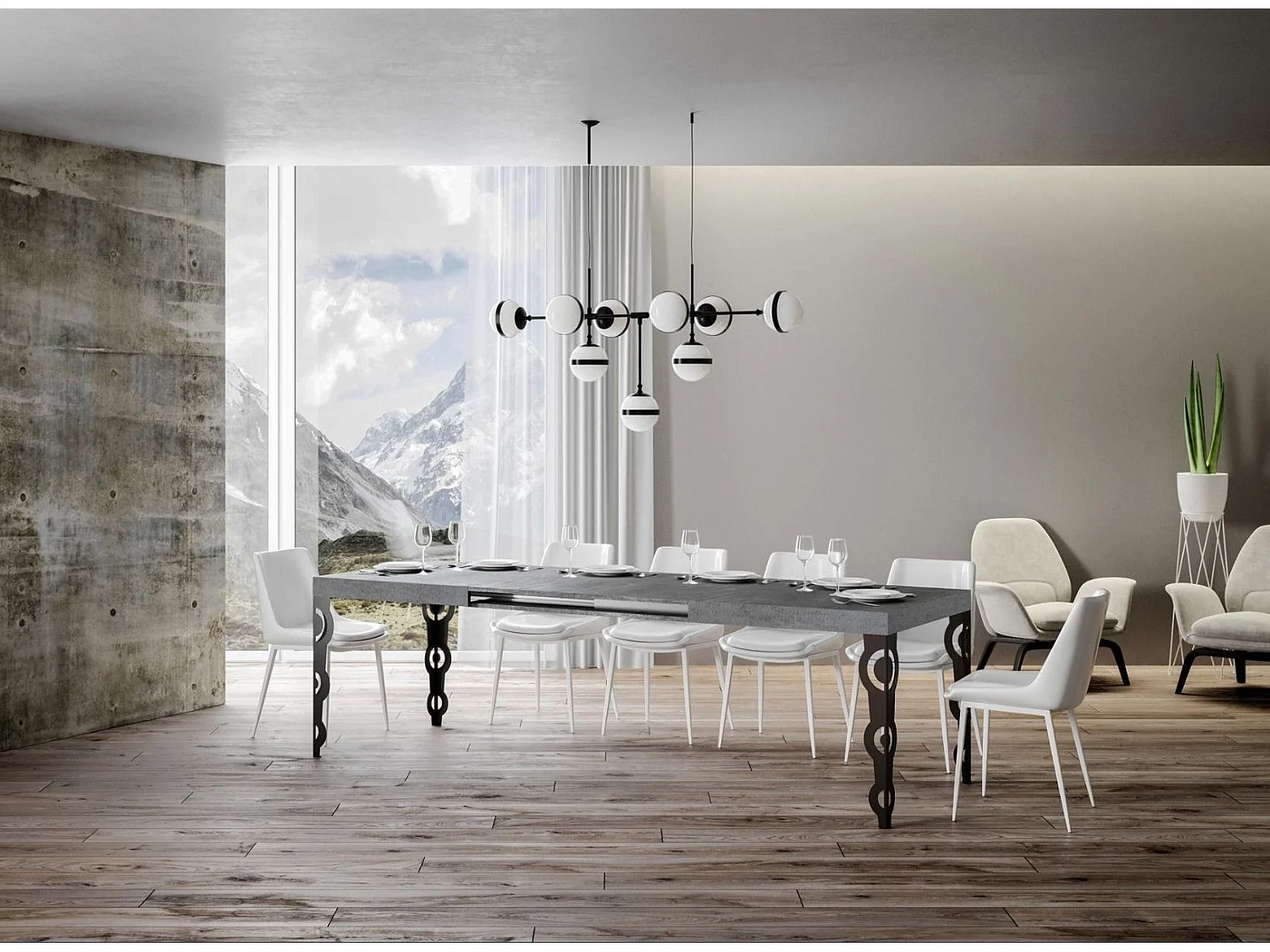 Mesa oriental extensible rectangular para 6 a 20 personas L 180 a 440 cm gris hormigón y patas de metal antracita Kazay