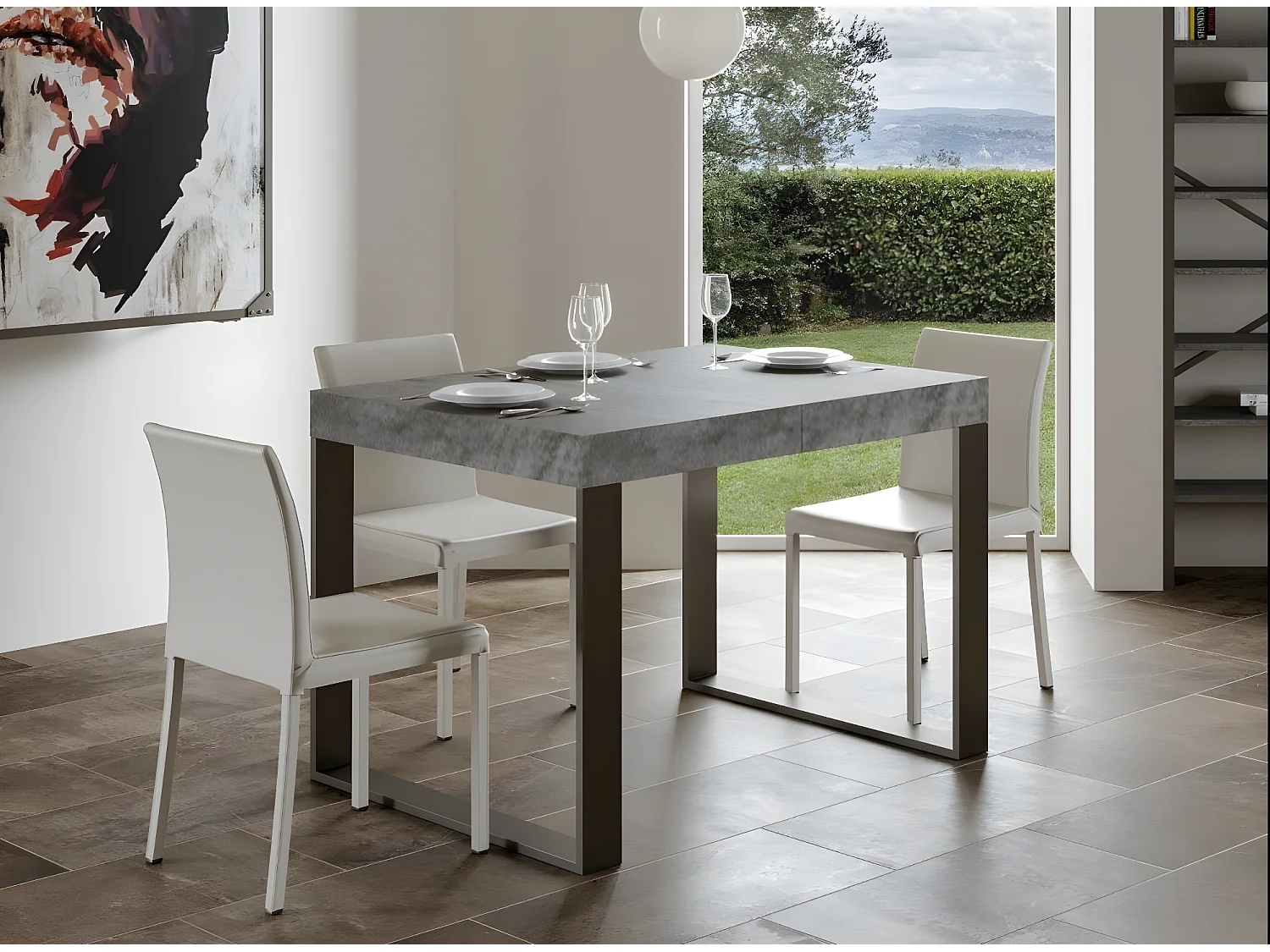 Table extensible 130 à 390cm gris béton et pieds métal anthracite Tiroz