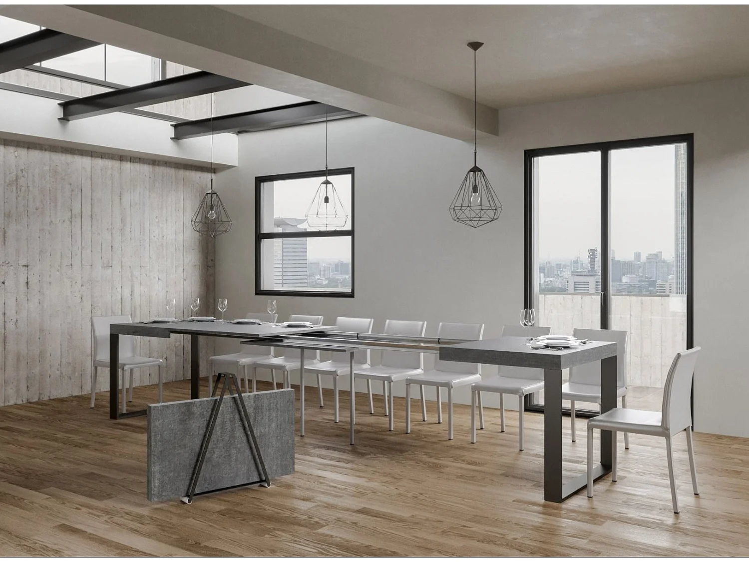 Table extensible 130 à 390cm gris béton et pieds métal anthracite Tiroz