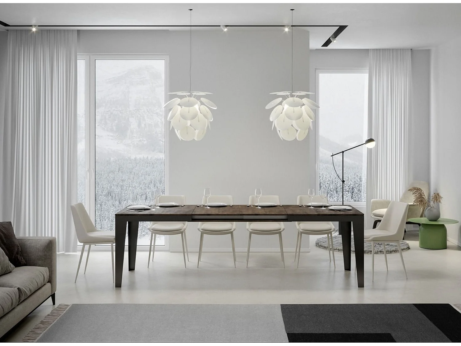 Table rectangulaire extensible 6 à 14 places L 180 à 284cm bois foncé et pieds acier gris foncé Flavien