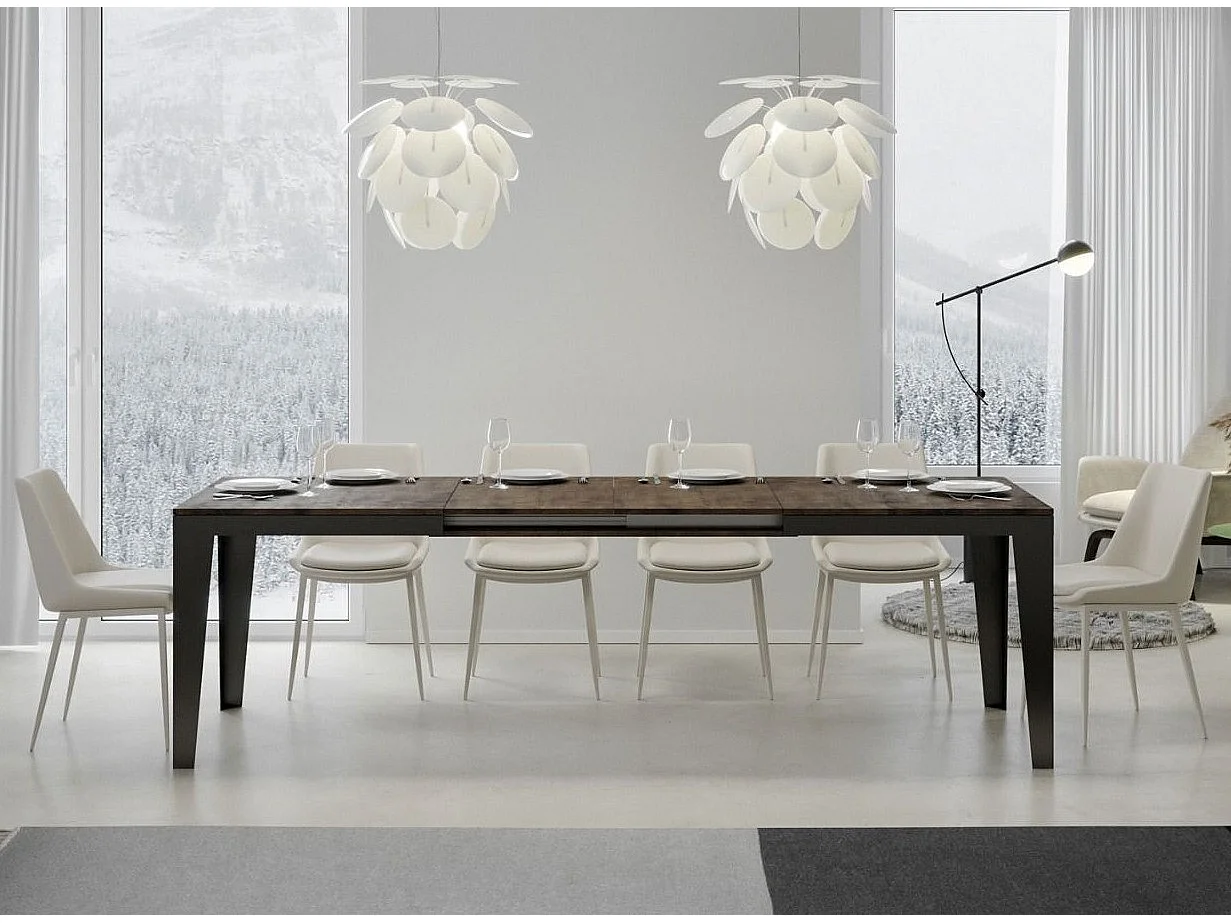 Table rectangulaire extensible 6 à 14 places L 180 à 284cm bois foncé et pieds acier gris foncé Flavien