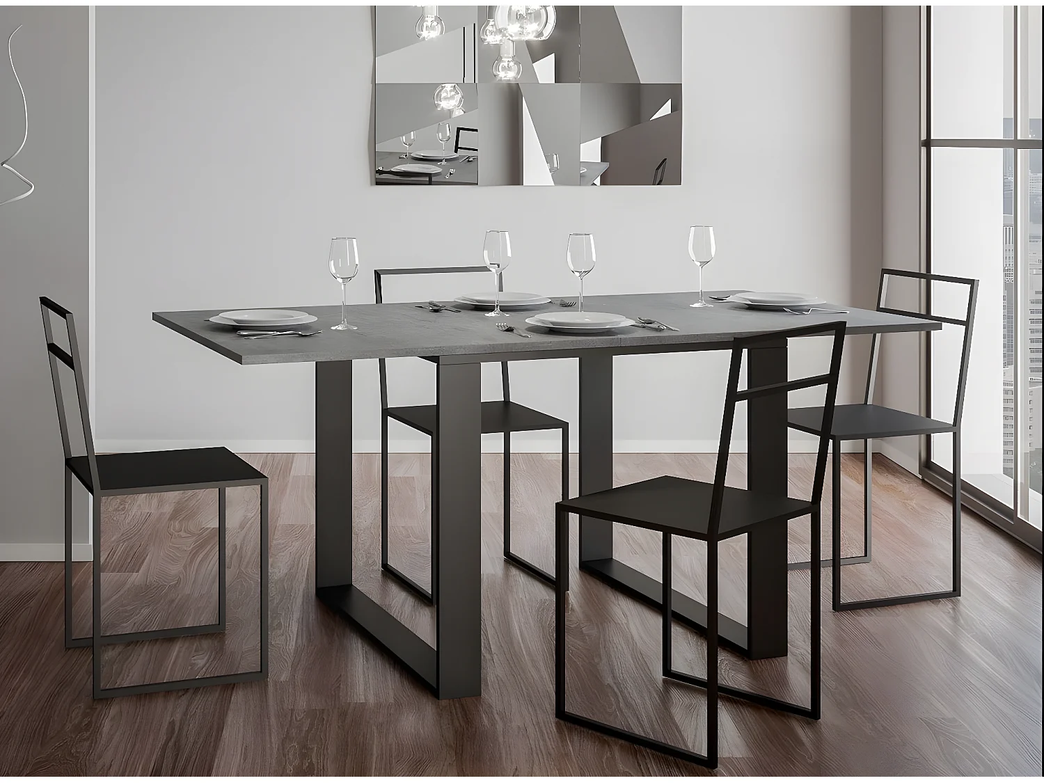Table carrée extensible 90 à 180cm gris béton et métal anthracite Likro