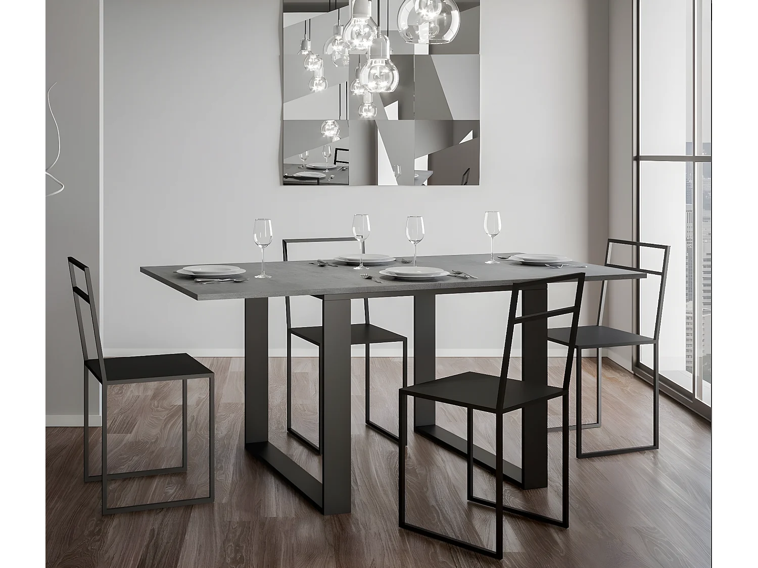 Table carrée extensible 90 à 180cm gris béton et métal anthracite Likro