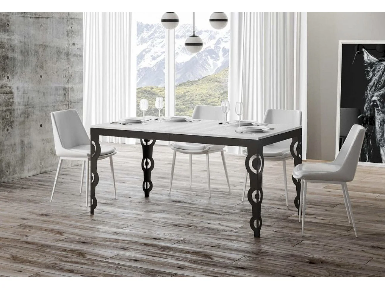 Table rectangulaire extensible orientale 6 à 10 personnes L 120 à 224cm blanc effet marbre et cadre métal anthracite Zakary