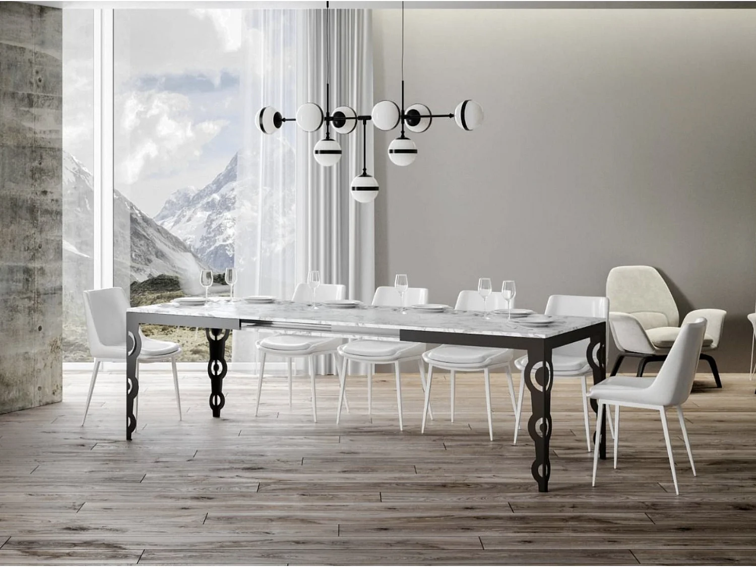 Table rectangulaire extensible orientale 6 à 10 personnes L 120 à 224cm blanc effet marbre et cadre métal anthracite Zakary