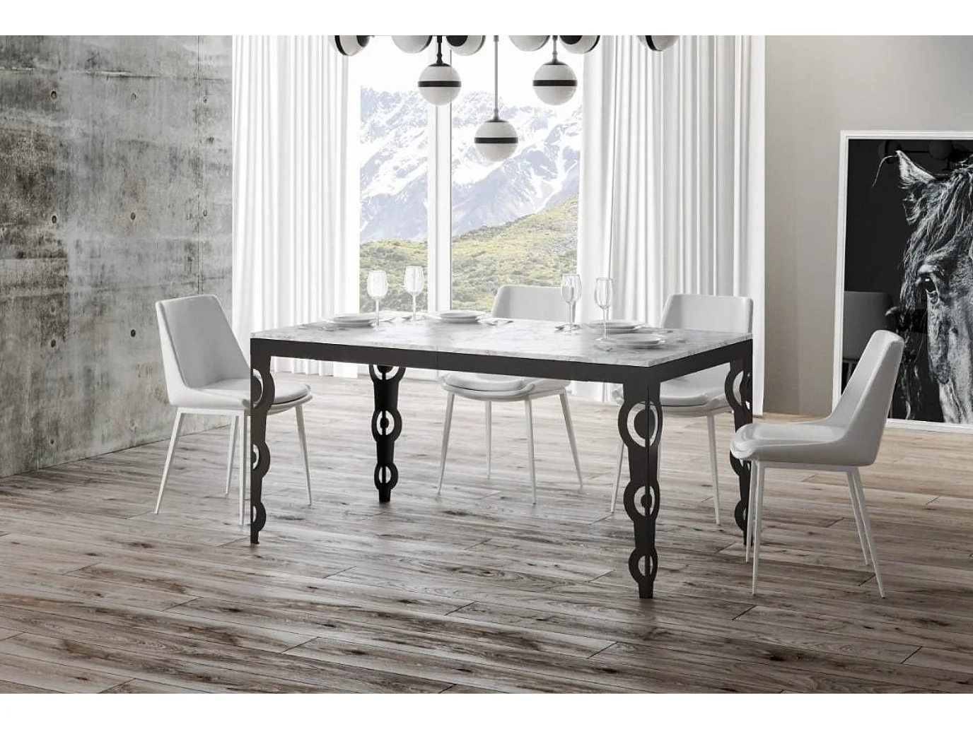 Table rectangulaire extensible orientale 6 à 10 personnes L 120 à 224cm blanc effet marbre et cadre métal anthracite Zakary