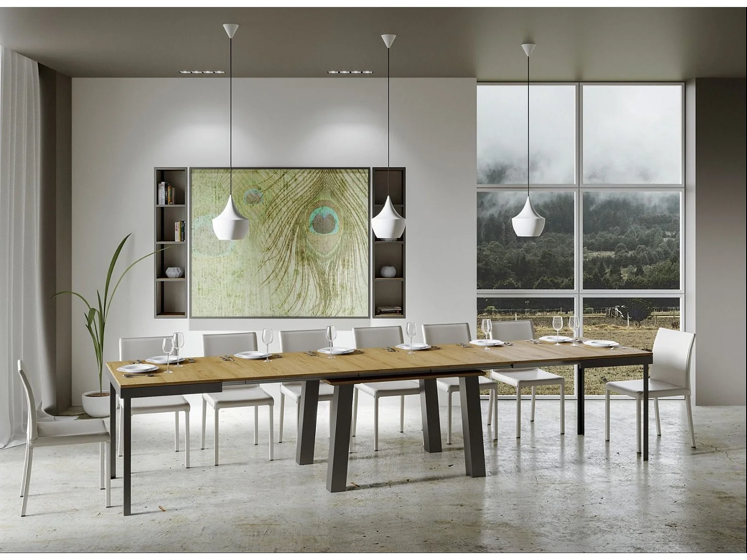 Mesa extensible Bidy de 6 a 16 plazas L 120 a 380 cm madera clara y estructura de metal antracita