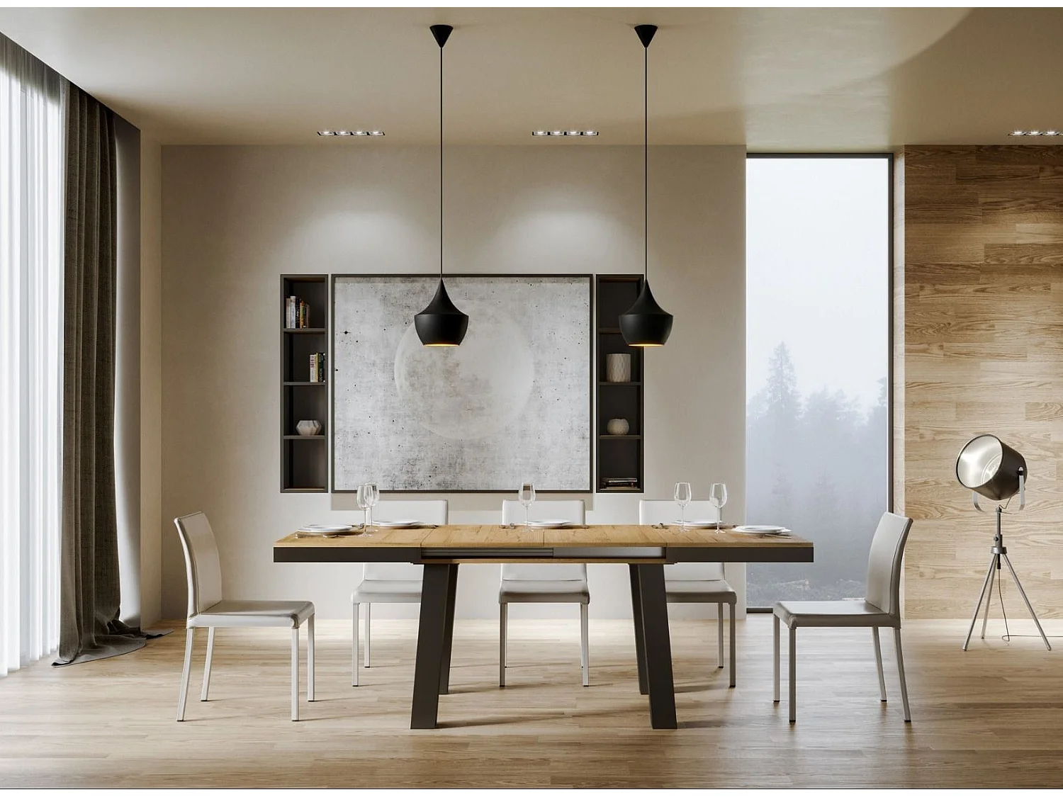 Mesa extensible Bidy de 6 a 16 plazas L 120 a 380 cm madera clara y estructura de metal antracita