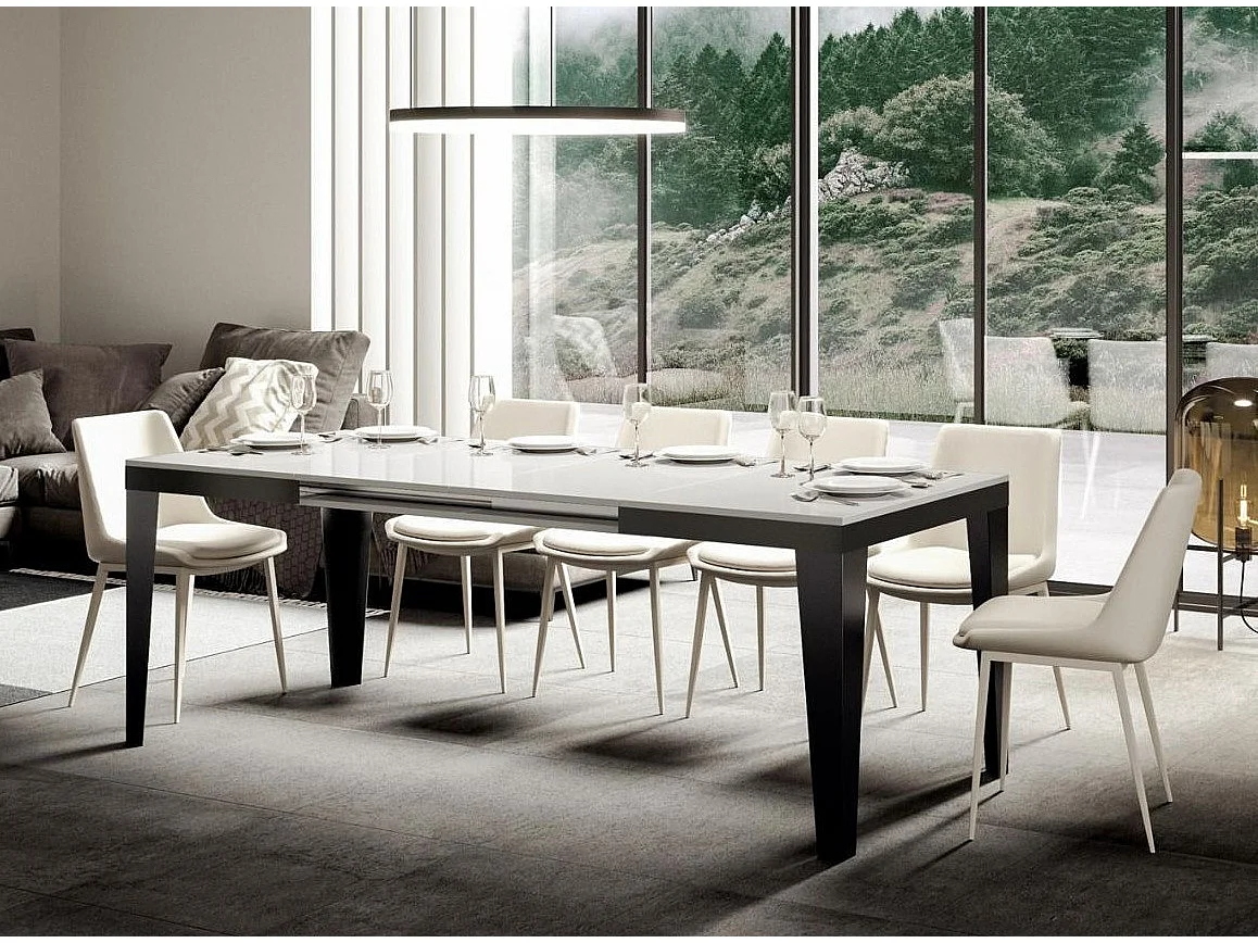 Table rectangulaire extensible 6 à 16 places L 120 à 380cm blanc laqué et pieds acier gris foncé Flavien