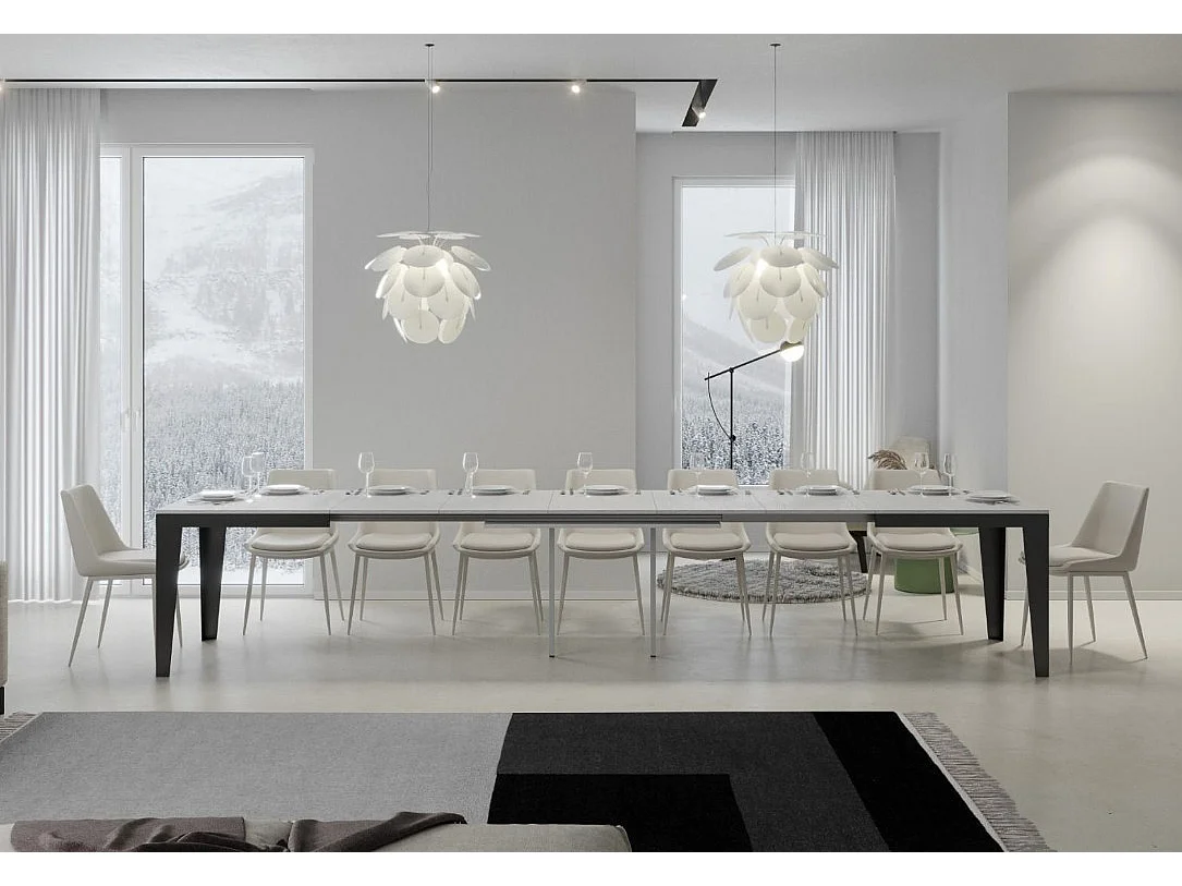 Table rectangulaire extensible 6 à 16 places L 120 à 380cm blanc laqué et pieds acier gris foncé Flavien