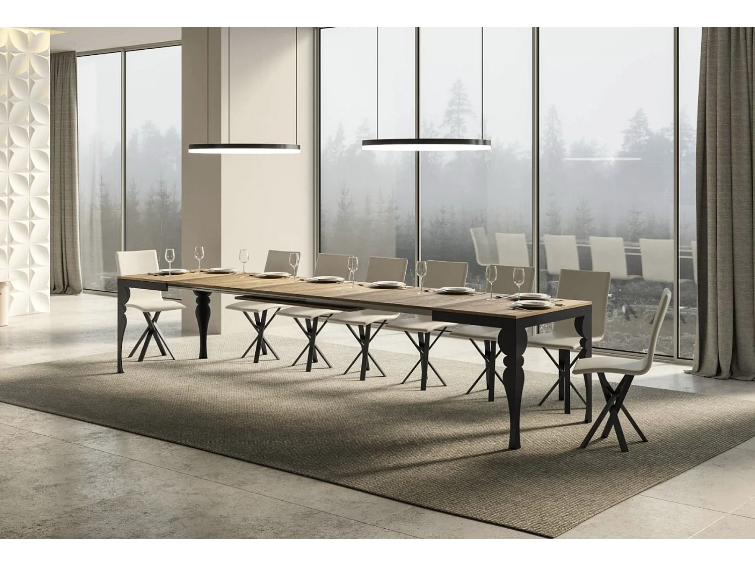 Mesa extensible con patas de acero antracita, estilo oriental Torza evolución-Color Natural-Soporte 2 pies-Ancho extensible