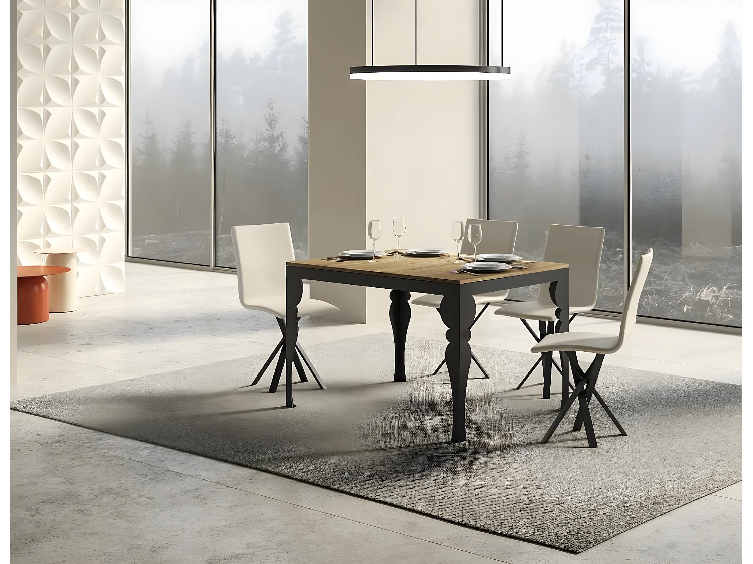 Mesa extensible con patas de acero antracita, estilo oriental Torza evolución-Color Natural-Soporte 2 pies-Ancho extensible