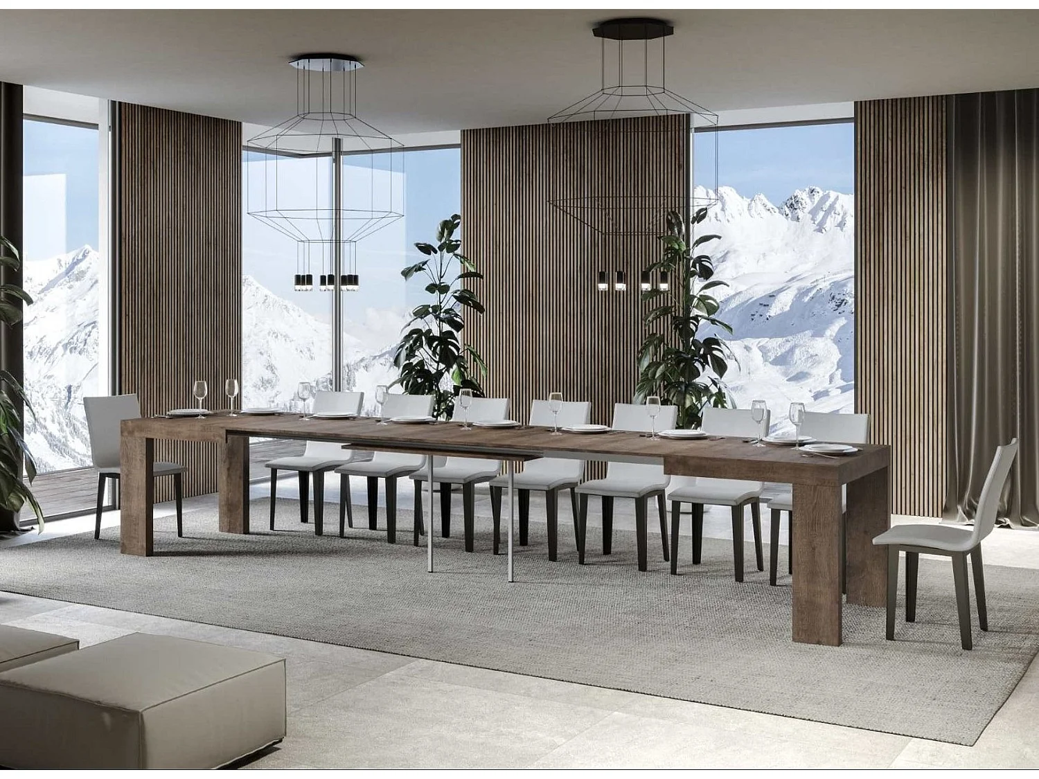 Table rectangulaire extensible 130 à 390cm bois foncé Ribo-Support 4 pieds