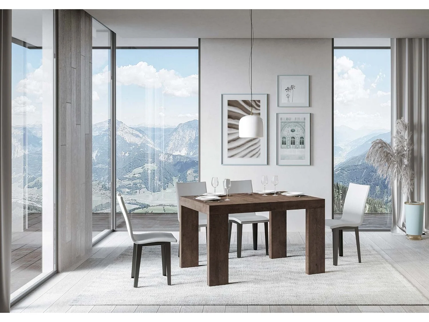 Table rectangulaire extensible 130 à 390cm bois foncé Ribo-Support 4 pieds