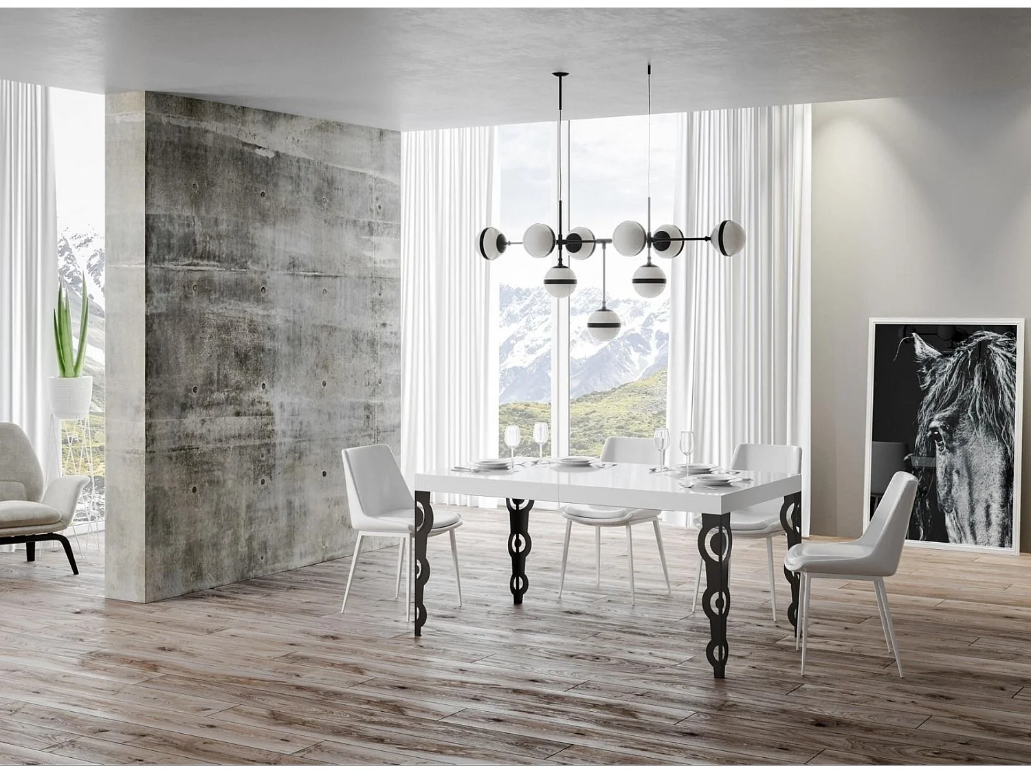 Table rectangulaire extensible orientale 6 à 18 personnes L 130 à 390cm blanc laqué et pieds métal anthracite Kazay