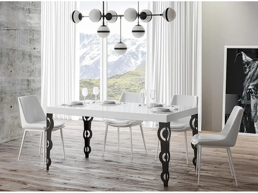 Table rectangulaire extensible orientale 6 à 18 personnes L 130 à 390cm blanc laqué et pieds métal anthracite Kazay