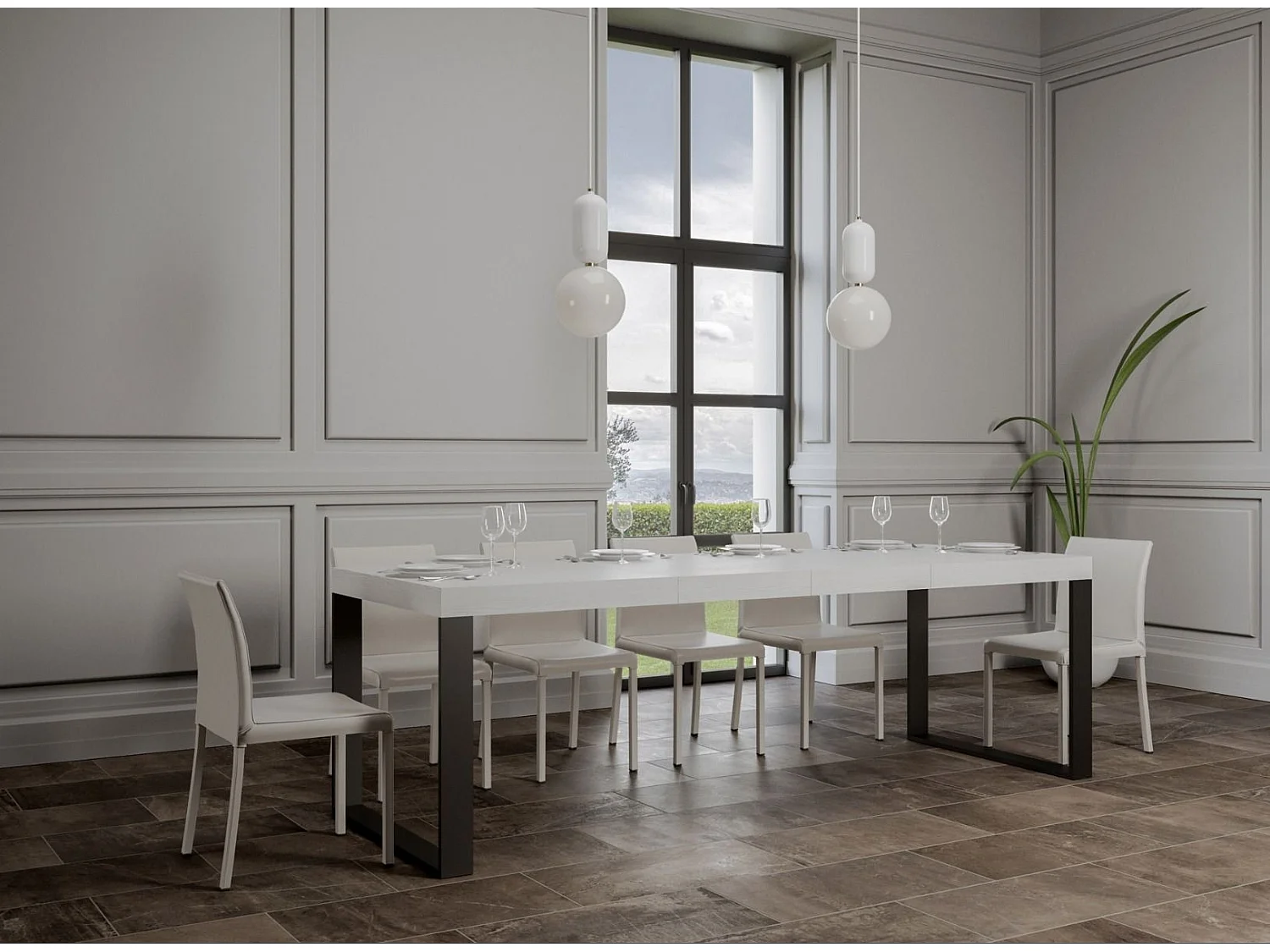 Mesa de comedor extensible tiroz-Color Blanco-Soporte 2 pies-5 alargaderas finas-Ancho extensible