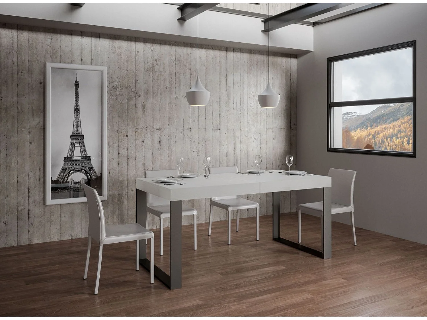 Mesa de comedor extensible tiroz-Color Blanco-Soporte 2 pies-5 alargaderas finas-Ancho extensible