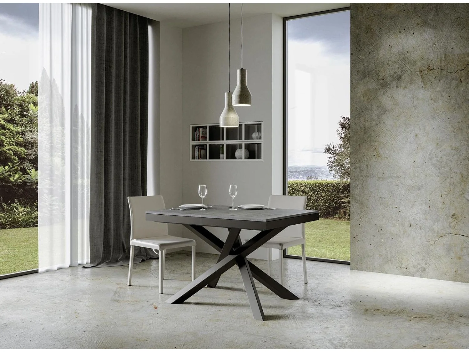 Table extensible gris béton et cadre anthracite 120-380cm Klass