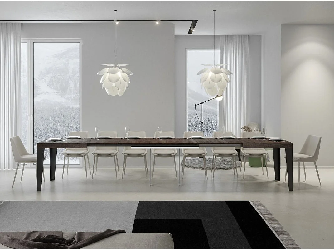 Table rectangulaire extensible 8 à 20 places L 180 à 440cm bois foncé et pieds métal anthracite Flavio