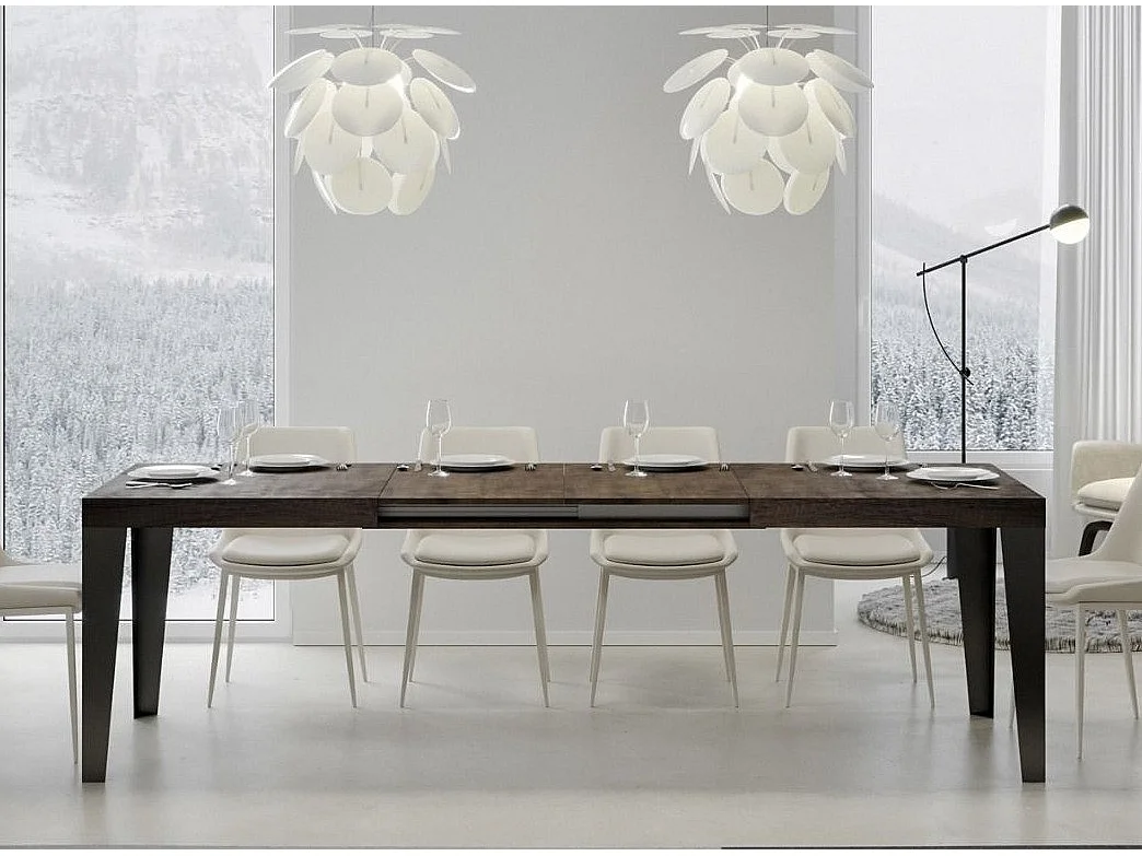 Table rectangulaire extensible 8 à 20 places L 180 à 440cm bois foncé et pieds métal anthracite Flavio