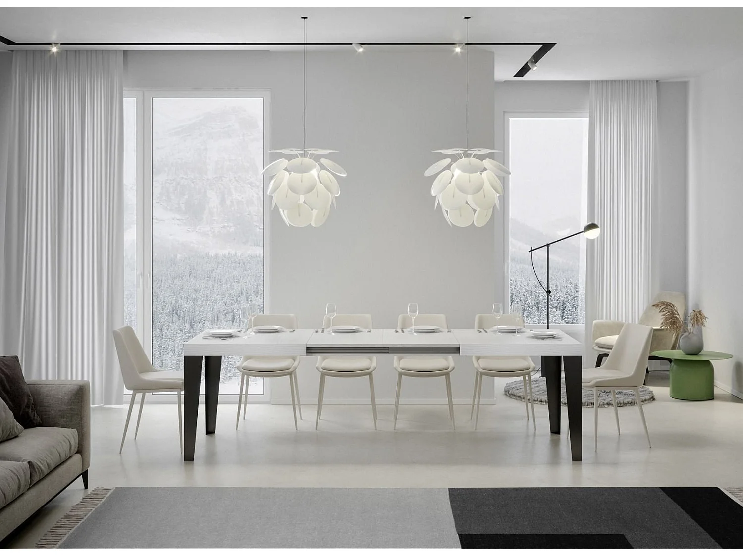 Table rectangulaire extensible 6 à 20 places L 160 à 420cm blanc et pieds métal anthracite Flavio