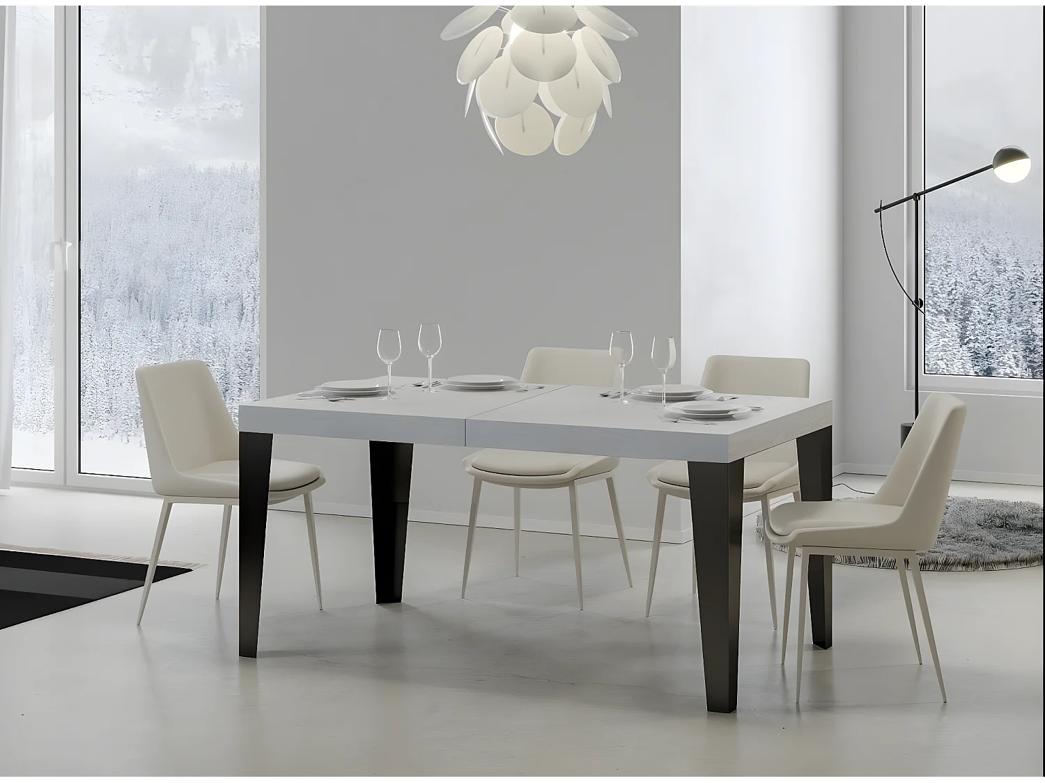 Table rectangulaire extensible 6 à 20 places L 160 à 420cm blanc et pieds métal anthracite Flavio