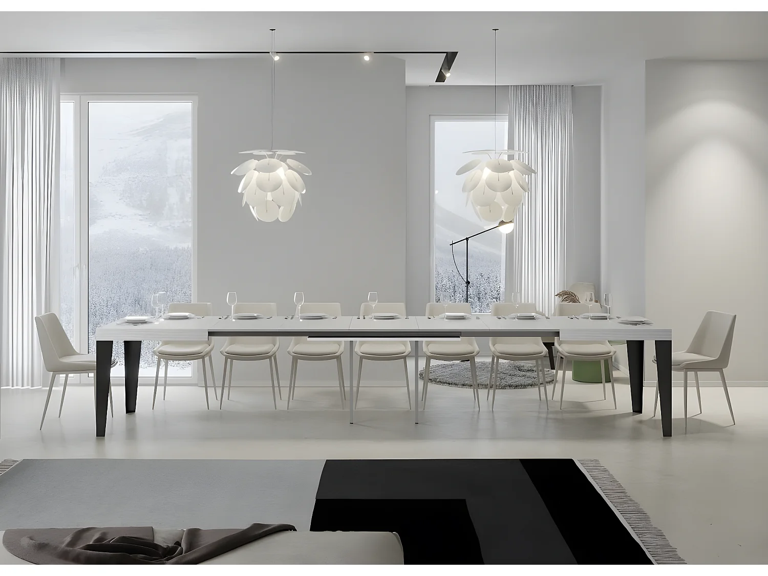 Table rectangulaire extensible 6 à 20 places L 160 à 420cm blanc et pieds métal anthracite Flavio