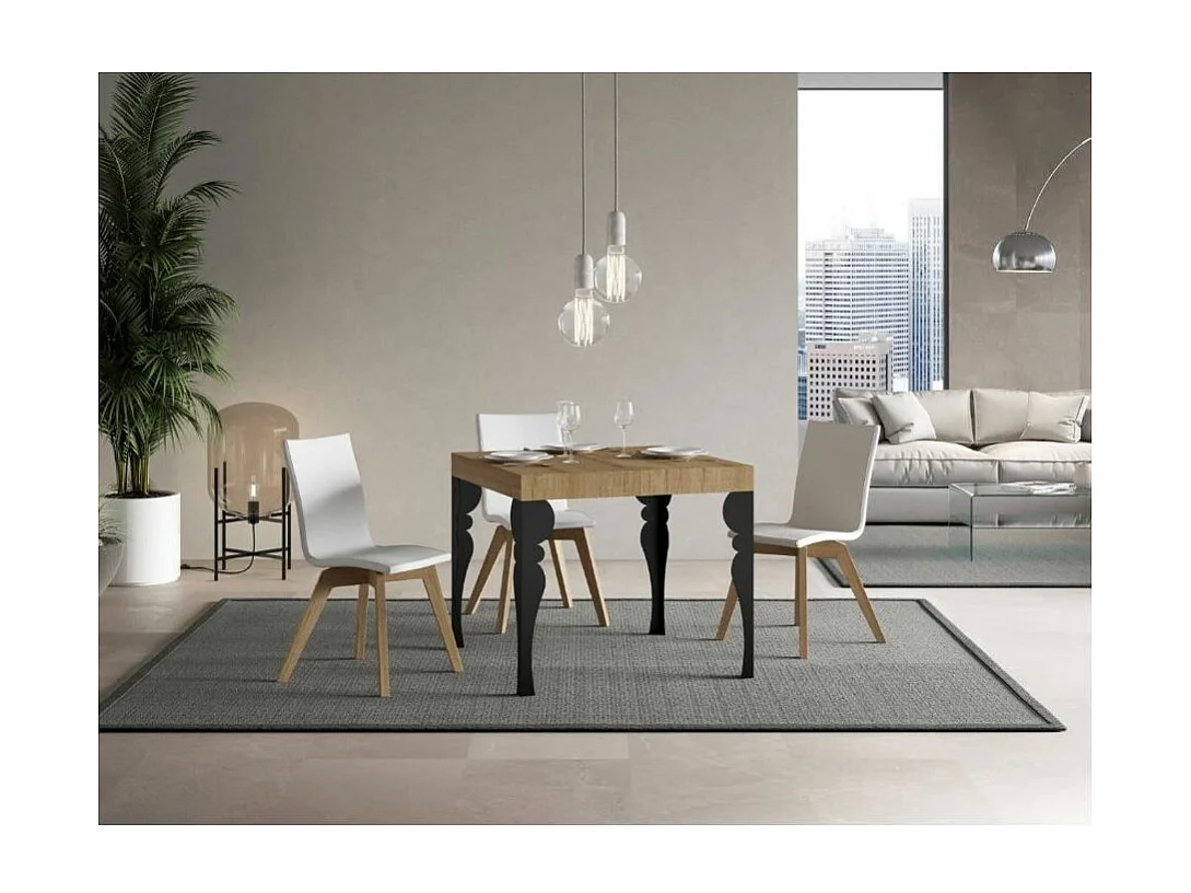 Petite table carrée 90-90cm extensible 10 personnes 90 à 246cm bois naturel et pieds gris foncé Kalane
