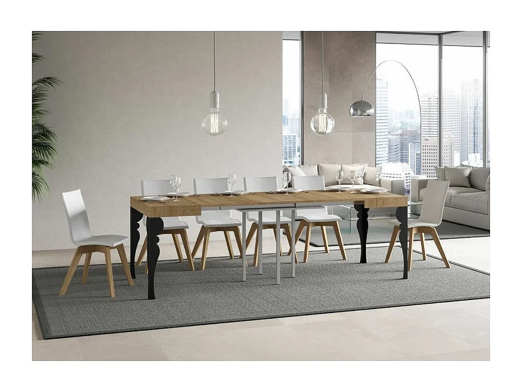 Petite table carrée 90-90cm extensible 10 personnes 90 à 246cm bois naturel et pieds gris foncé Kalane