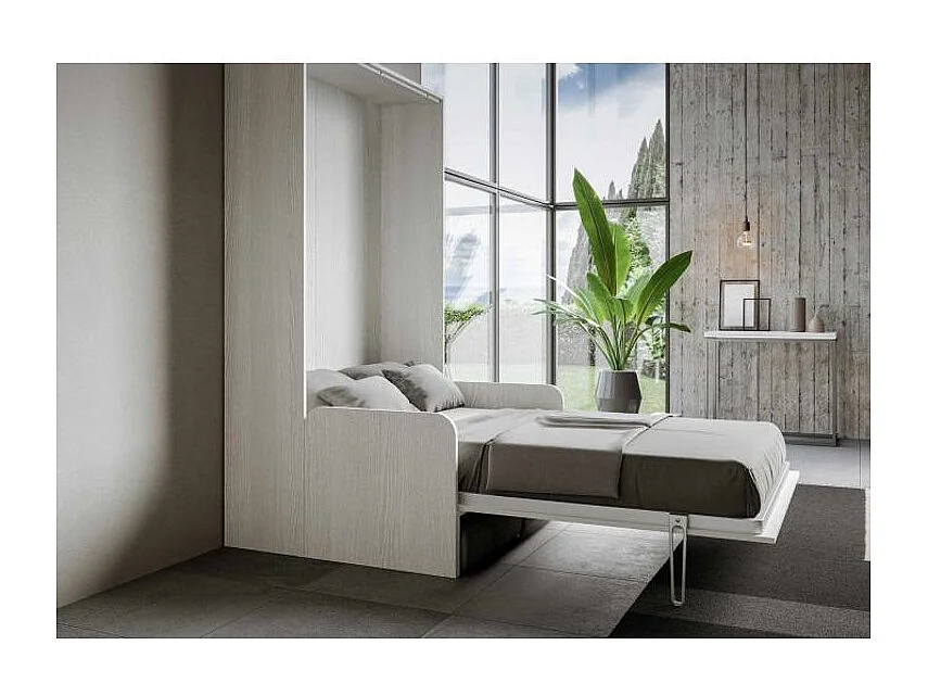 Cama abatible vertical blanca con sofá de tela Bounto 120x190 cm - 32 colores de tela-Color Microfibra 20