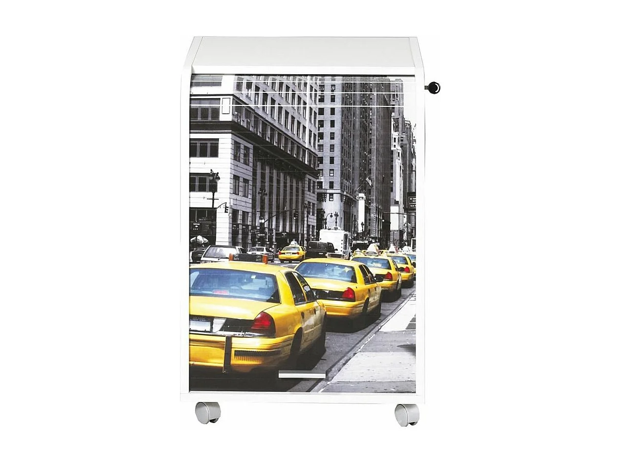 Caisson à rideau sur roulettes 2 tiroirs imprimé taxis jaunes Orga 70cm