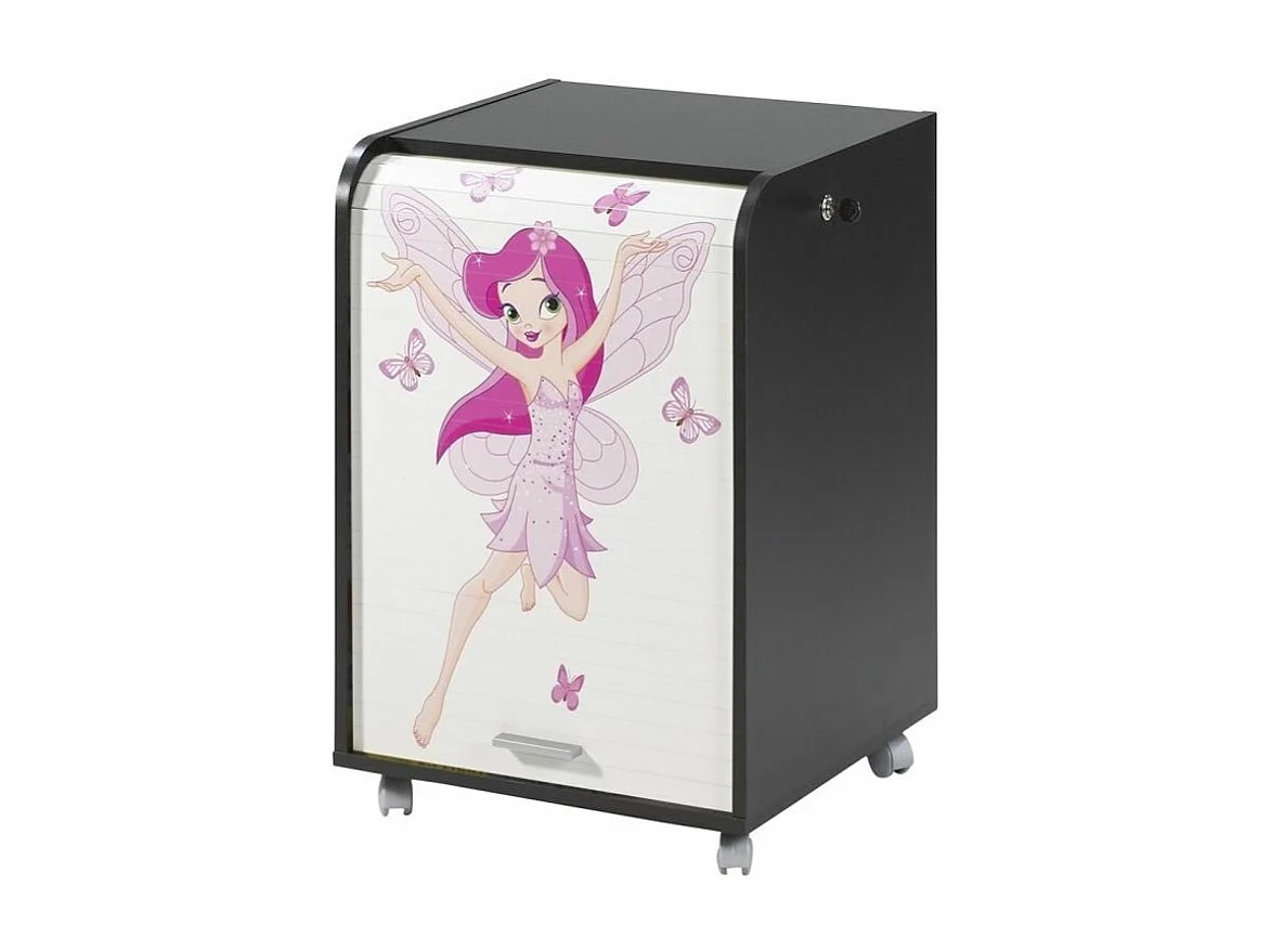 Caisson à rideau sur roulettes 2 tiroirs noir imprimé petite fée Orga 70cm