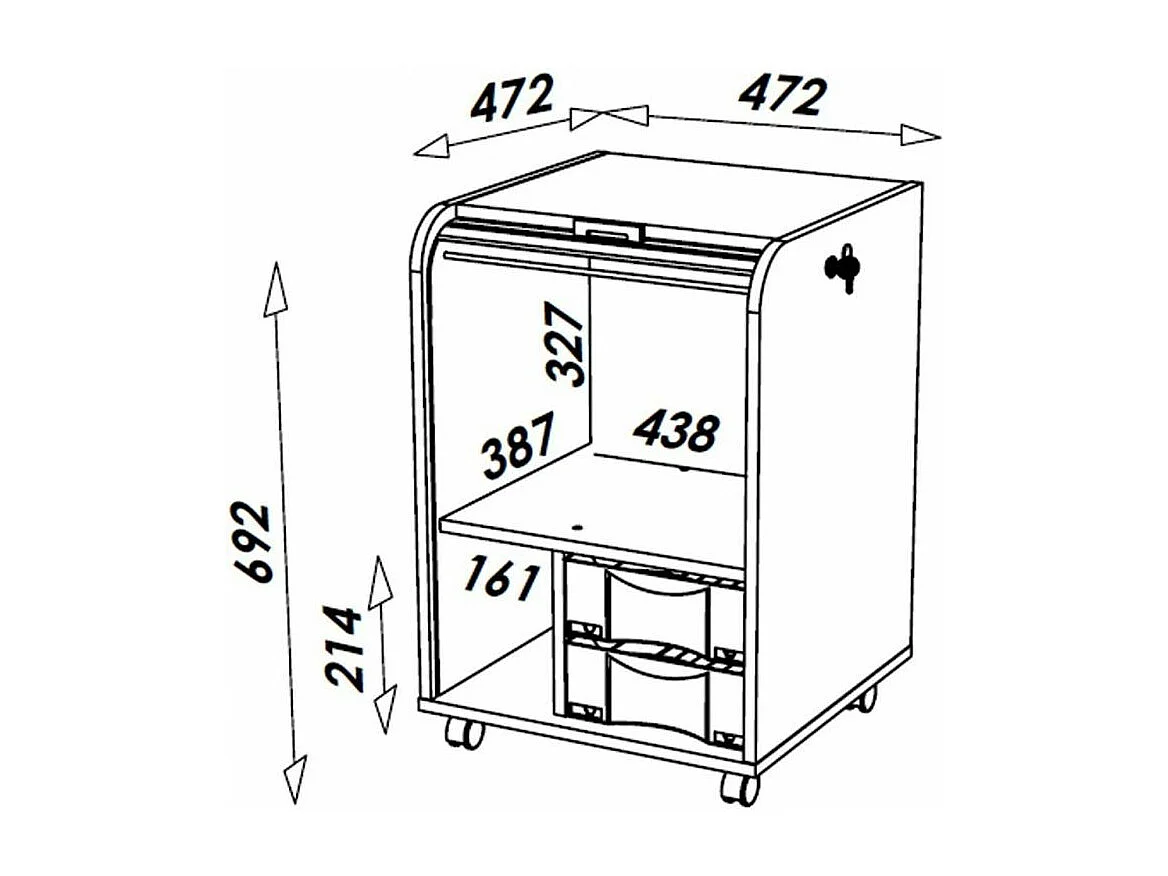Caisson à rideau sur roulettes 2 tiroirs noir imprimé petite fée Orga 70cm