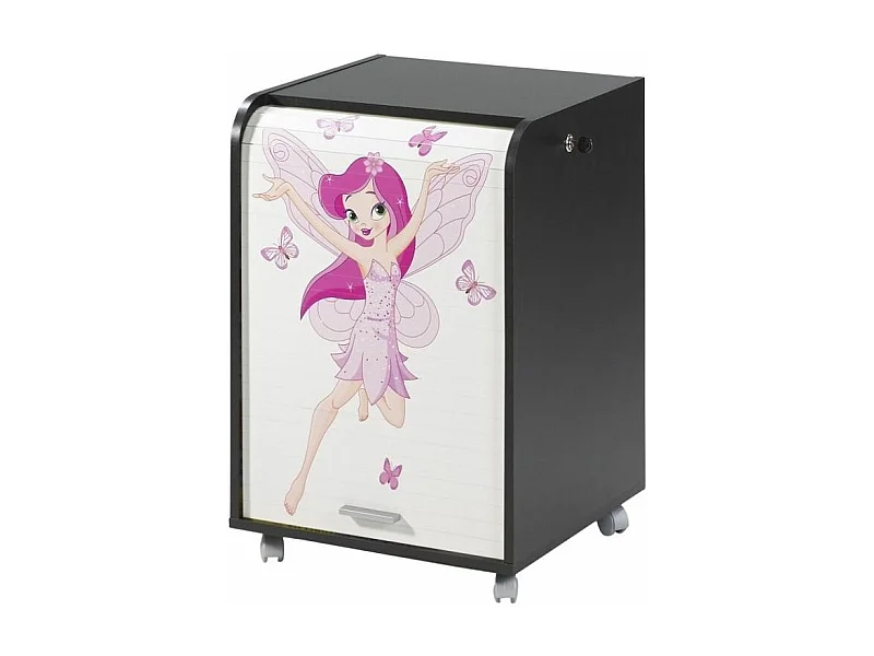 Caisson à rideau sur roulettes 2 tiroirs noir imprimé petite fée Orga 70cm