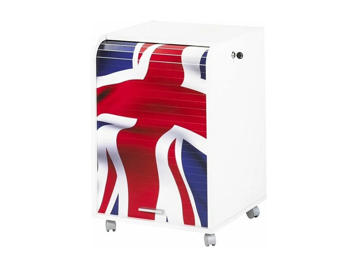 Caisson à rideau sur roulettes 2 tiroirs blanc imprimé drapeau Anglais Orga 70cm