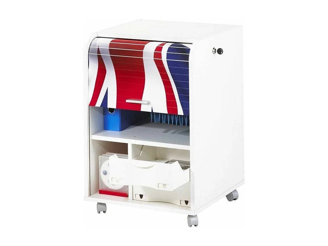 Caisson à rideau sur roulettes 2 tiroirs blanc imprimé drapeau Anglais Orga 70cm