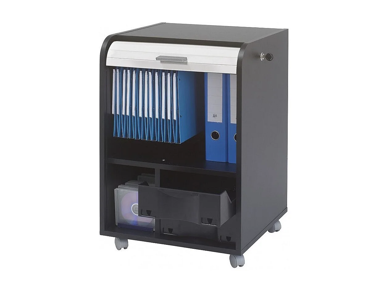 Caisson à rideau sur roulettes 2 tiroirs noir et rideau blanc Orga 70cm