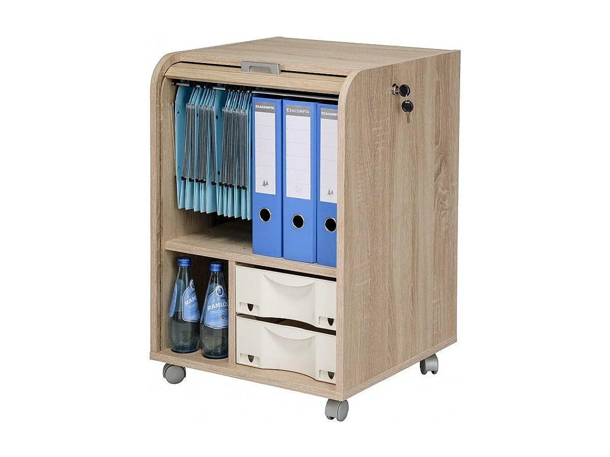 Caisson à rideau sur roulettes 2 tiroirs bois clair et blanc Orga 70cm