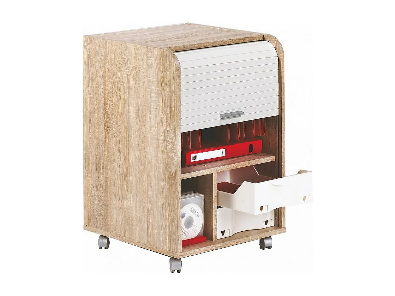 Caisson à rideau sur roulettes 2 tiroirs bois clair et blanc Orga 70cm