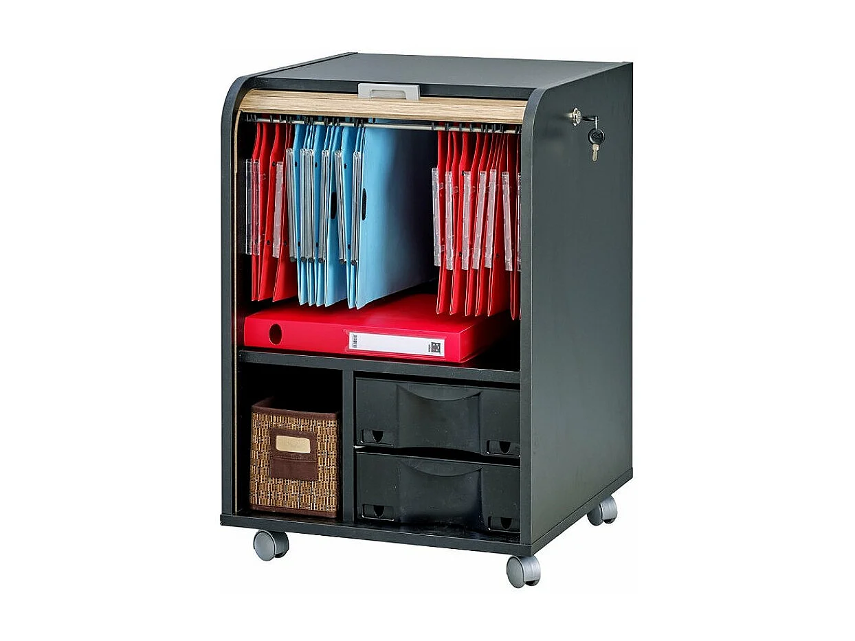 Caisson à rideau sur roulettes 2 tiroirs noir et bois clair Orga 70cm