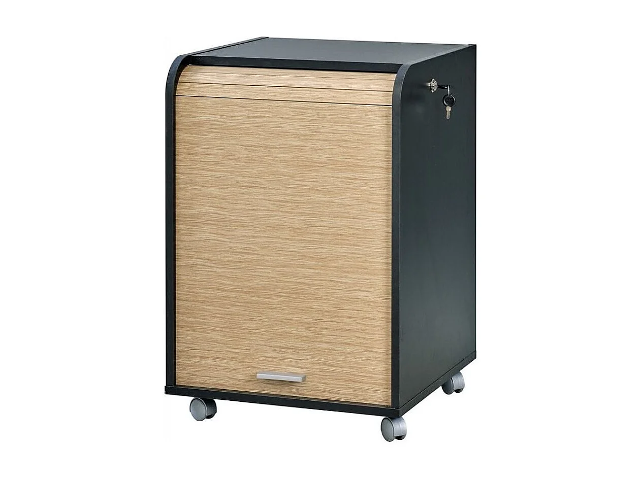 Caisson à rideau sur roulettes 2 tiroirs noir et bois clair Orga 70cm