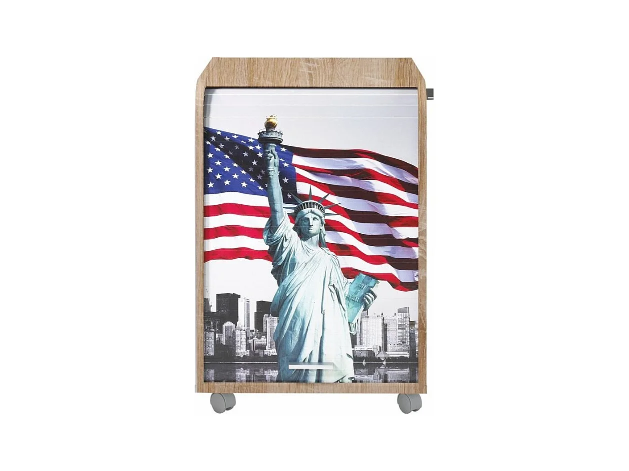 Caisson à rideau sur roulettes 2 tiroirs bois clair imprimé statue de la liberté Orga 70cm