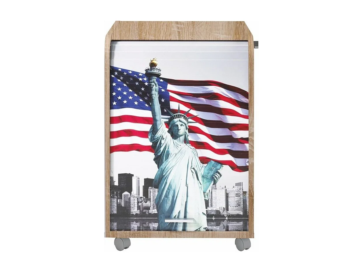 Caisson à rideau sur roulettes 2 tiroirs bois clair imprimé statue de la liberté Orga 70cm