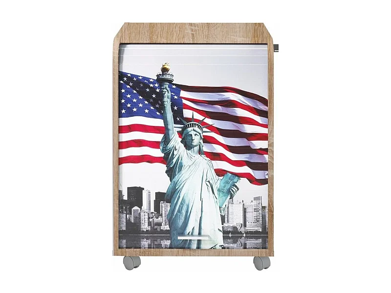 Caisson à rideau sur roulettes 2 tiroirs bois clair imprimé statue de la liberté Orga 70cm