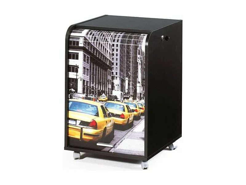 Caisson à rideau sur roulettes 2 tiroirs noir imprimé taxis jaunes Orga 70cm